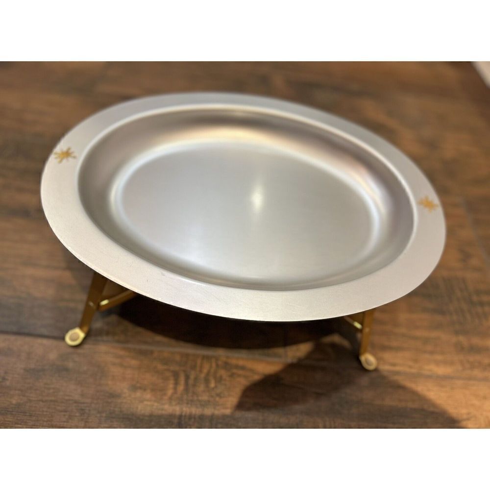 RARE Vintage Mirro Medallion Oval Platter, Aluminum Warming Tray With Stand